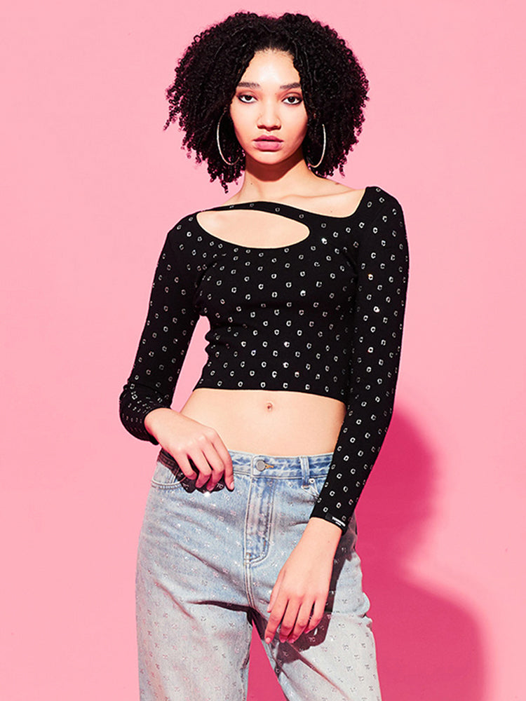 TCH Rhinestone Cut Out Neck Knit Cropped Top