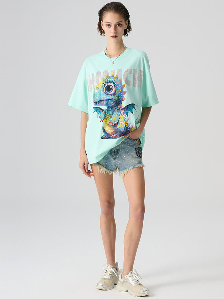TCH Cute Dinosaur Rhinestone Oversized T-shirt