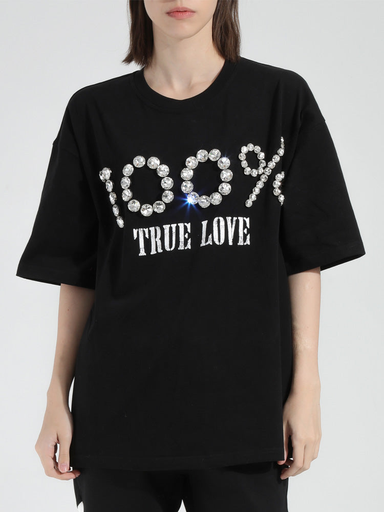 TCH 100% Letter Print Rhinestone Bling T-shirt