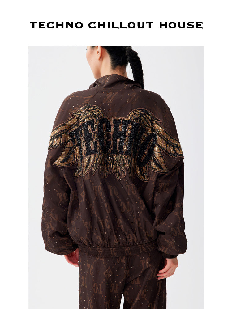 TCH 2 Piece Allover Print Nylon Rhinestone Jogging Suits