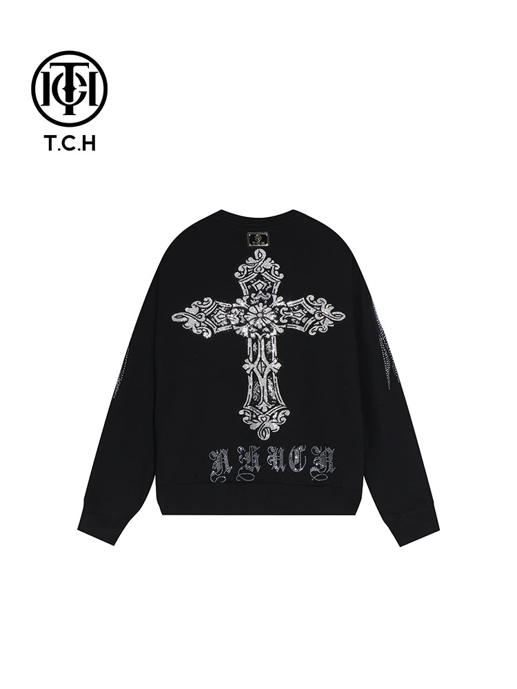 TCH Couple's Black Rhinestone Round Neck Sweatshirt