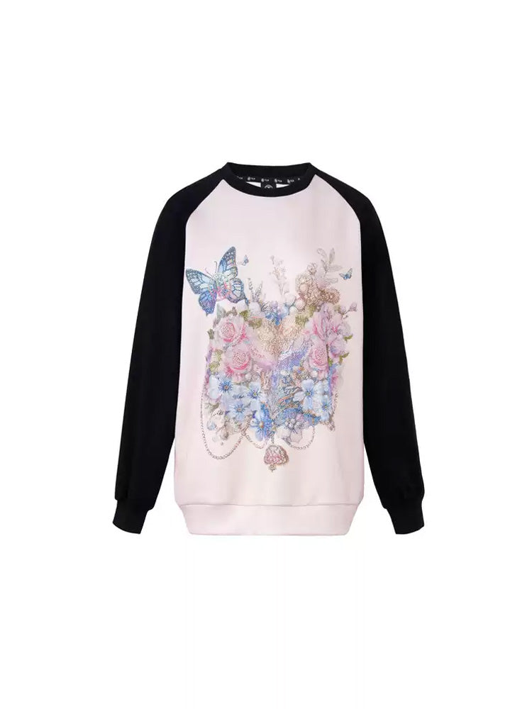 TCH Graphic Rhinestone Floral Patchwork Blouse