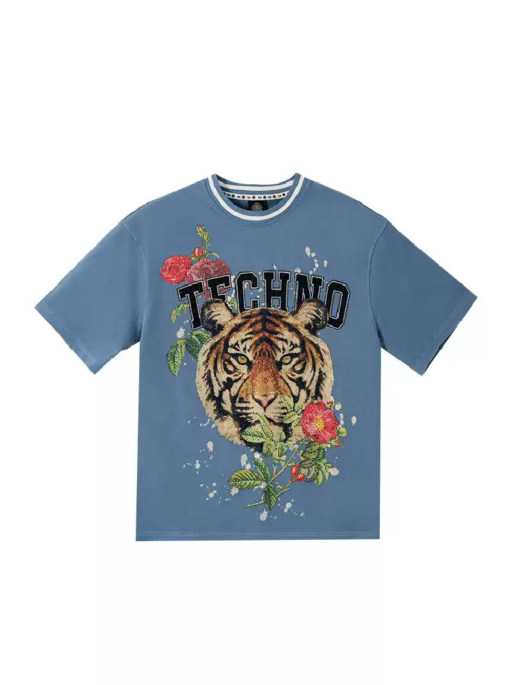 TCH Tiger Rhinestone Flower Print Causal Tee