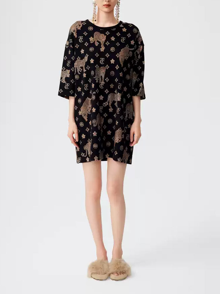 TCH Luxury Animal Print Rhinestone T-shirt Dress