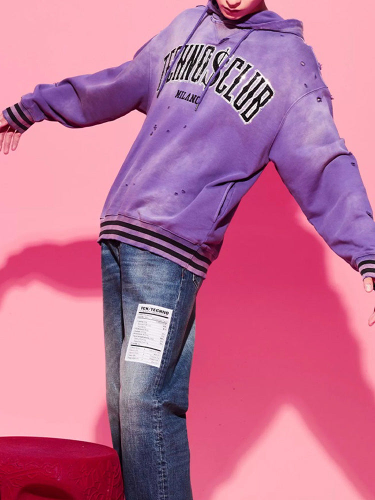 TCH Rhinestone Letter Print Destroyed Hoodie