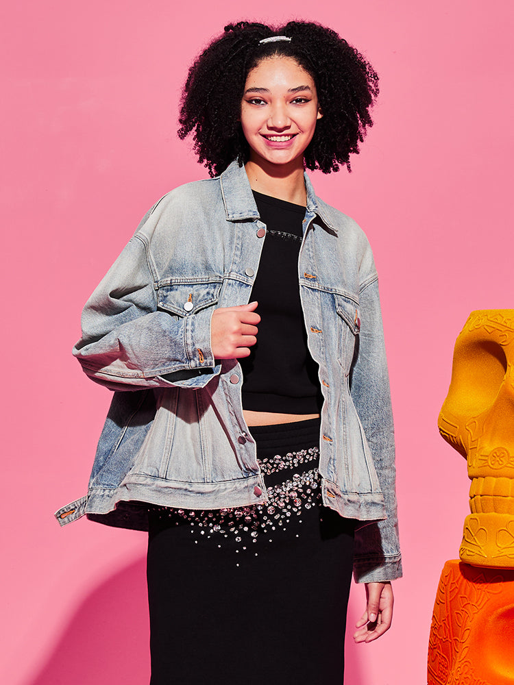 TCH Rhinestone Vintage Washed Denim Jacket