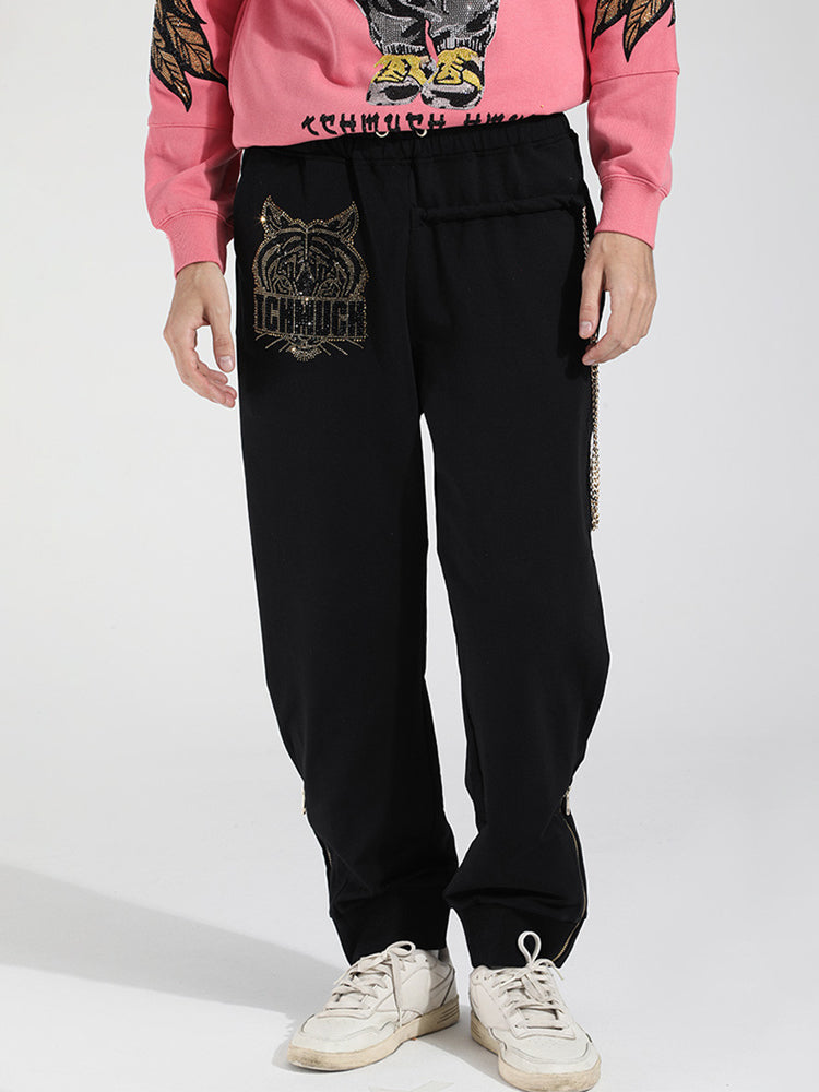 TCH Men's Animal Rhinestone Cotton Zipper Sweatpants