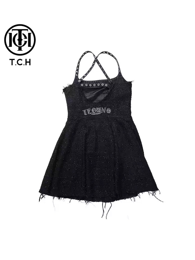TCH Logo Print Rhinestone Sleeveless Mini Dress