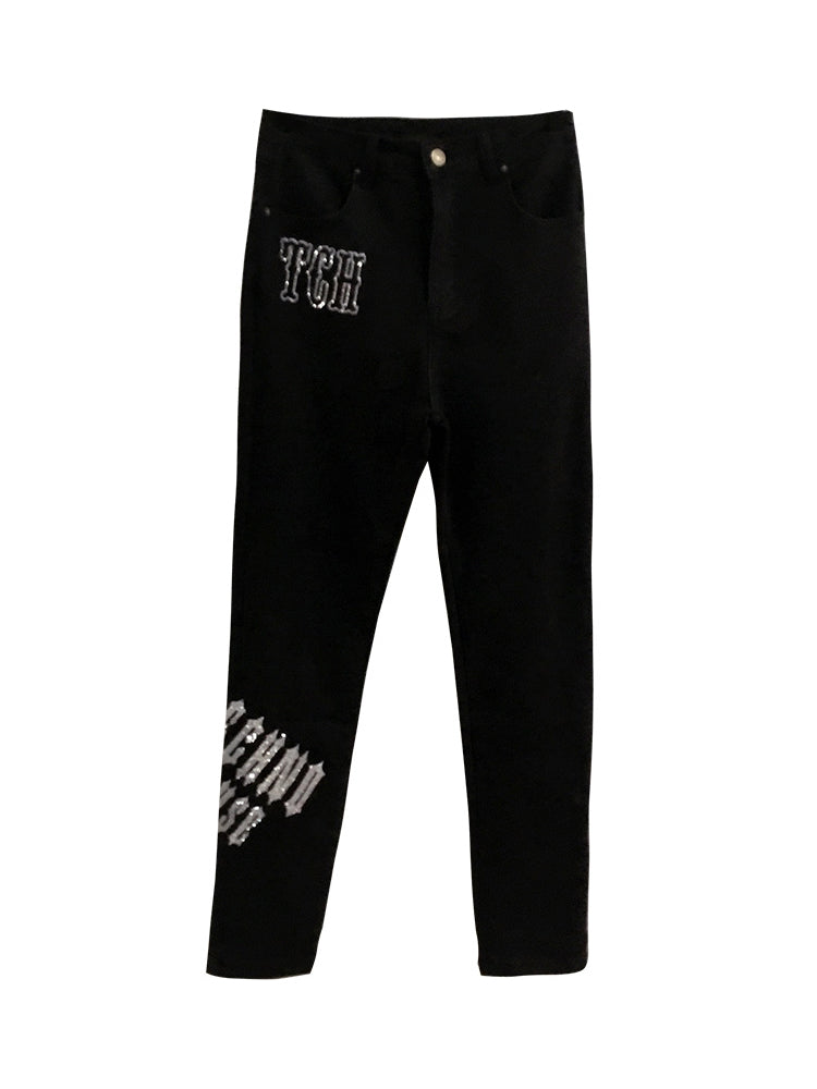 TCH Rhinestone Letter Embellished Denim Pants