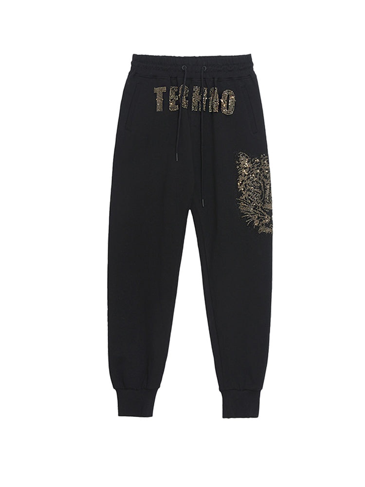 TCH Letter Rhinestone Leopard Print Long Pants