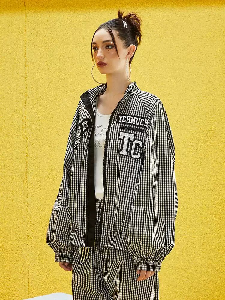 TCH Plaid Graphic Rhinestone Oversized Jacket