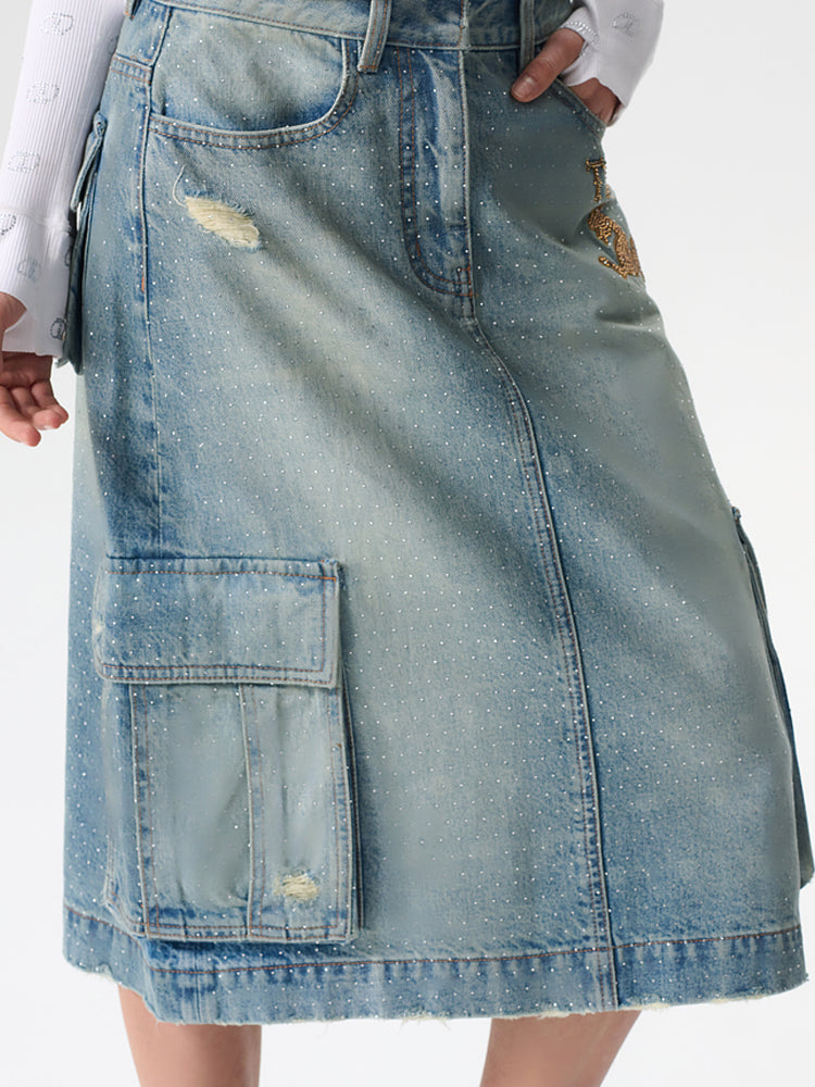 TCH Rhinestone Letter Print High Waist Denim Skirt with Pockets