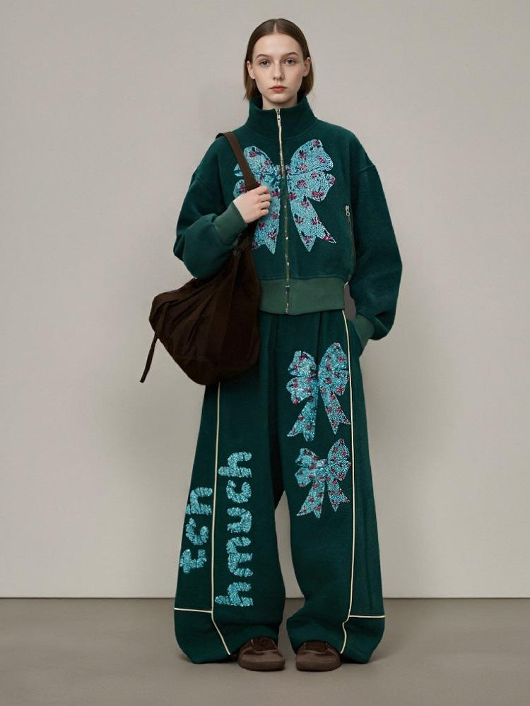TCH Rhinestone Bow Statement Long Sleeve Jacket +Wide Leg Pants Set