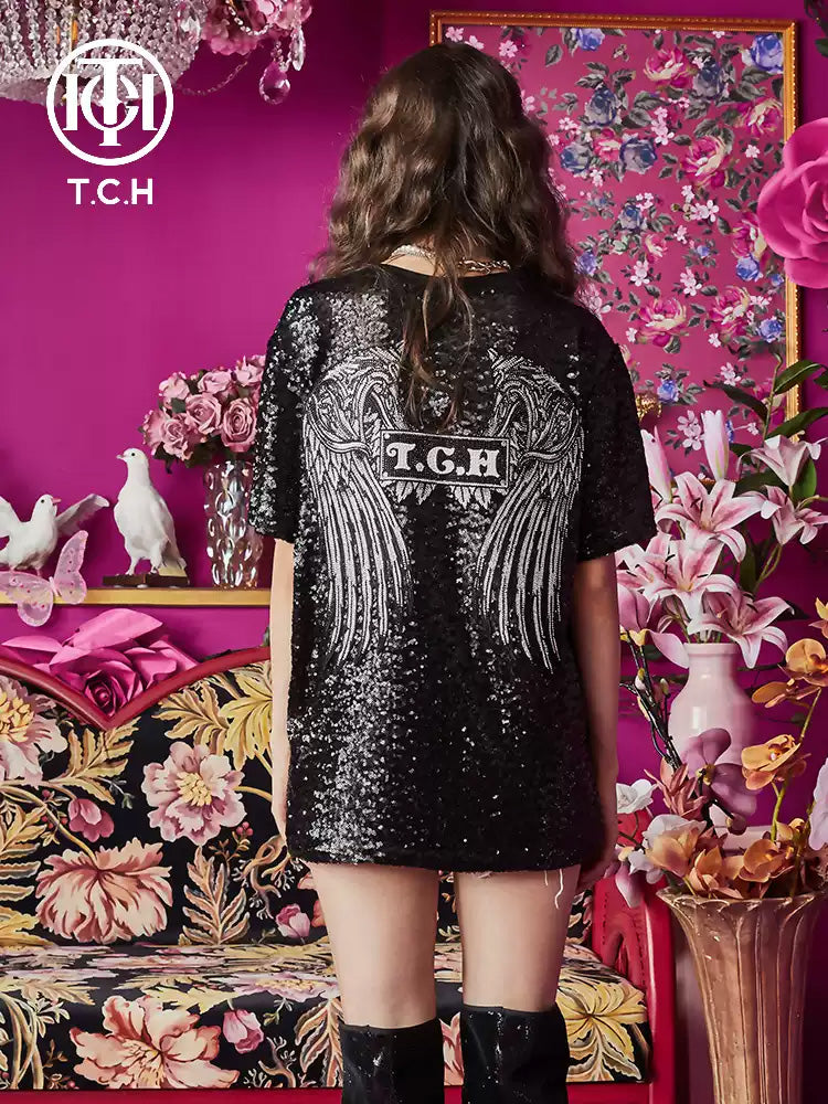 TCH Skull Print Rhinestone Streetwear T-shirt with Sequins