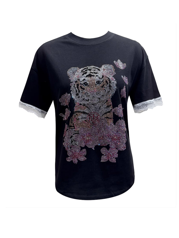 TCH Prasale Tiger Rhinestone Lace Contrast Tee