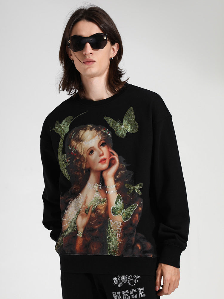 TCH Men's Butterfly Girl Graphics Rhinestone Sweatshirt