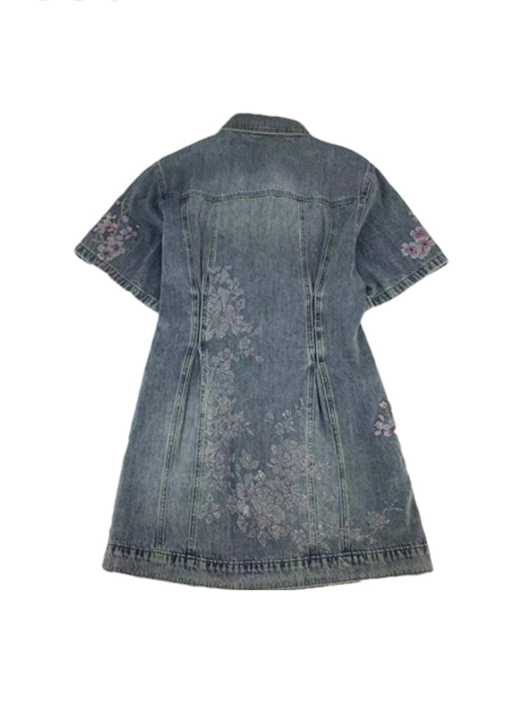 TCH Crystal-Embroidered Flower Denim Short Dress