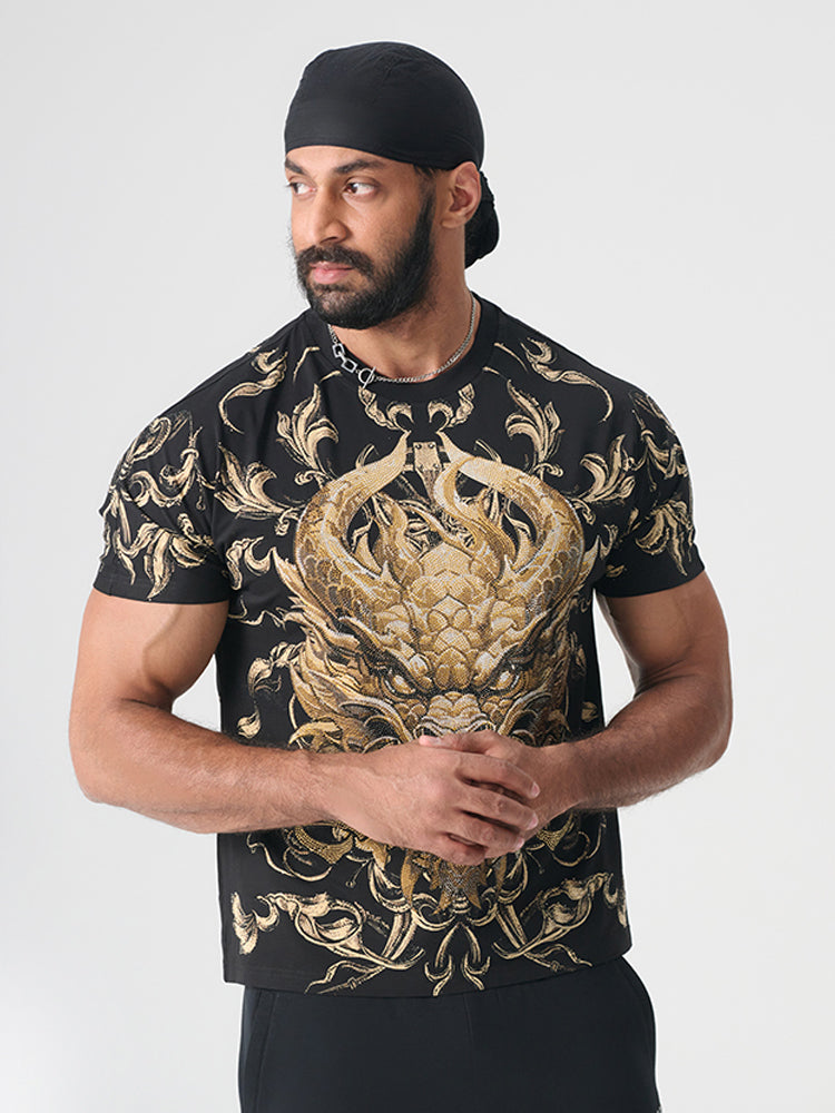TCH Luxury Gold Rhinestone Dragon Graphic Top