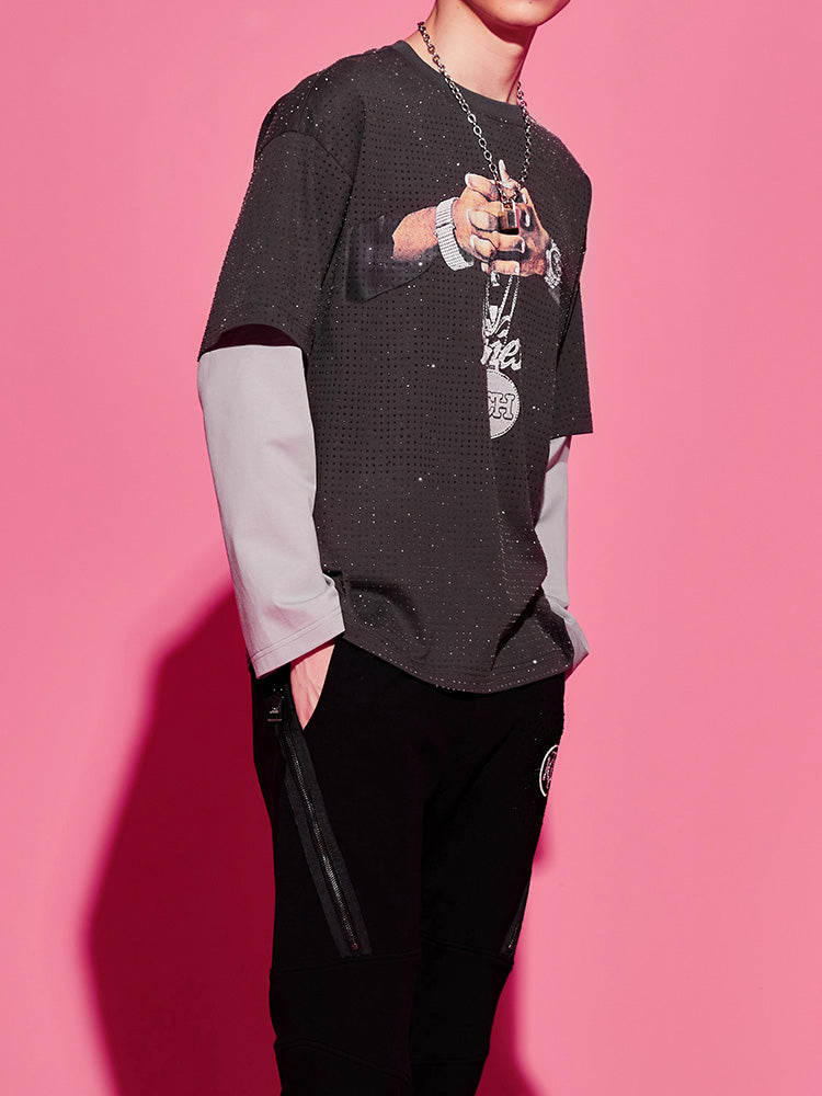 TCH Rhinestone Layered Printed Cotton T-shirt