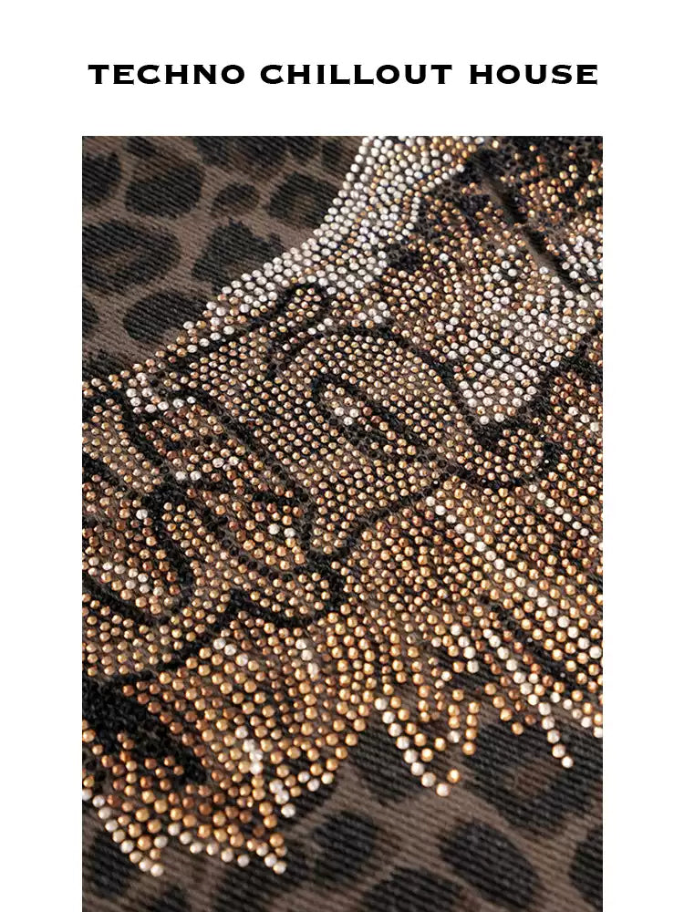 TCH Rhinestone Leopard Print High Waist Wide Leg Jeans
