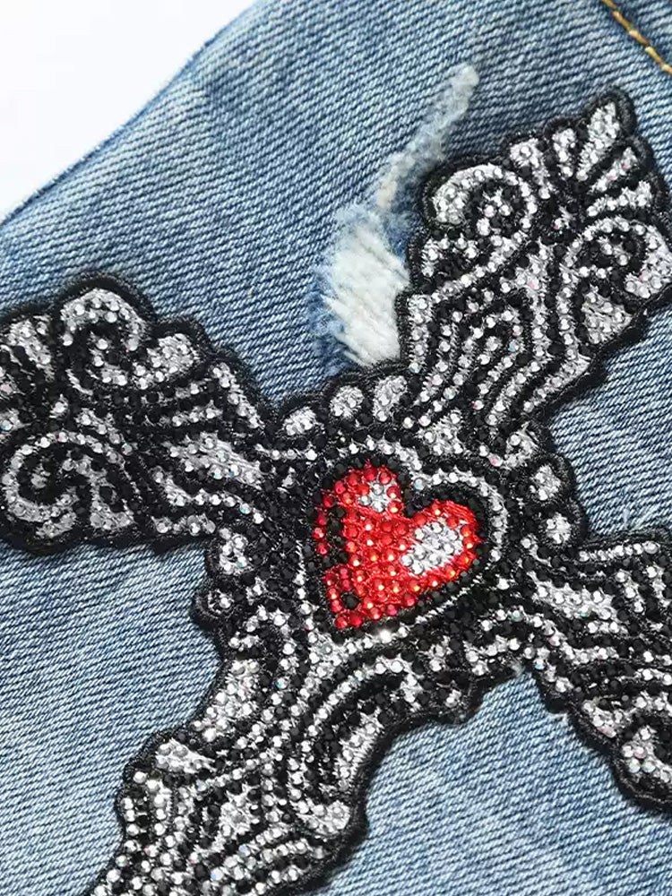 TCH Crystal-Embellished Graphic High Waist Denim Shorts