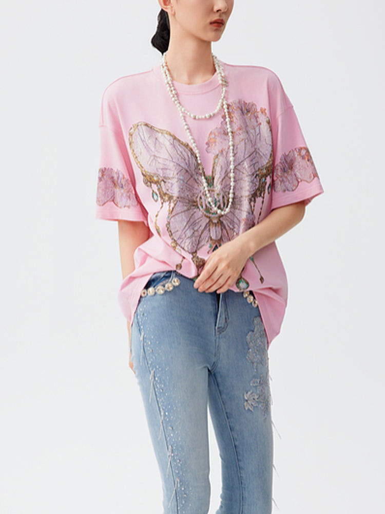 TCH Luxury Rhinestone Butterfly Shiny T-Shirt in Pink