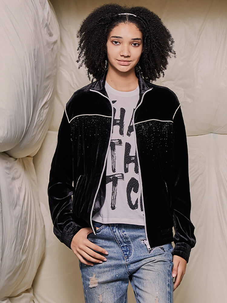 TCH Velvet Rhinestone Zip Up Jacket