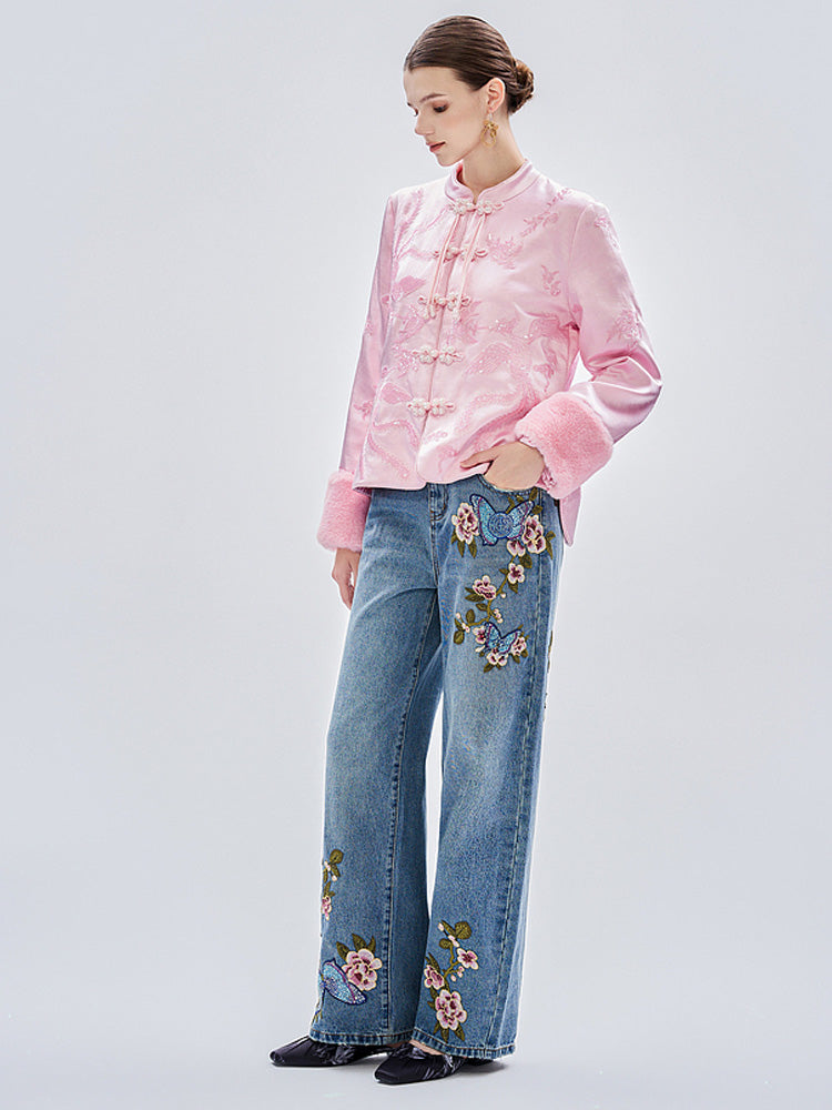 TCH Crystal Embroidered Floral Wide Leg Jeans