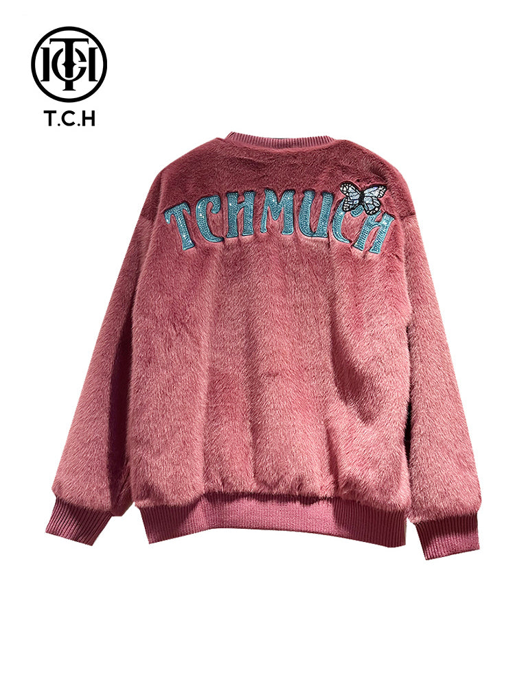 TCH Rhinestone Graphic Oversized Sherpa Pullover Sweatshirt