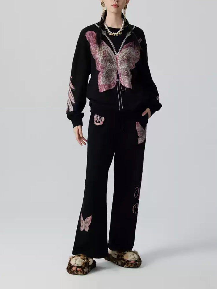 TCH Pink Rhinestone Butterfly Wing Sleeve Sweatshirt