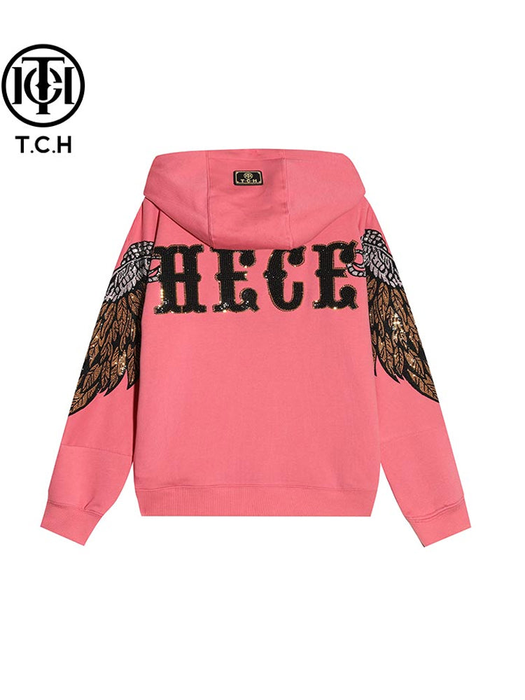 TCH Rhinestone Graphic Bear Hoodies with Angel Wings
