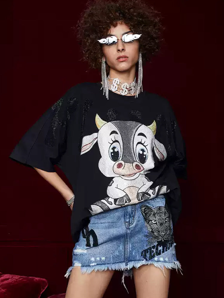 TCH Cute Cow Rhinestone Oversized T-Shirt