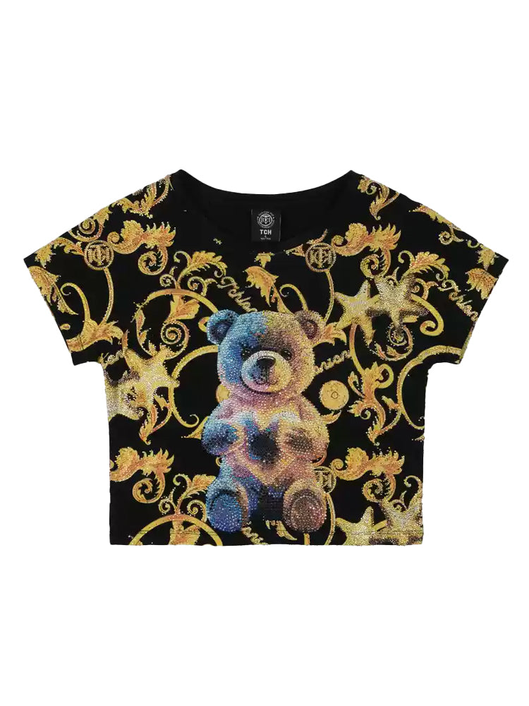 TCH Teddy Bear Rhinestones Print Tee Crop Top Baroque