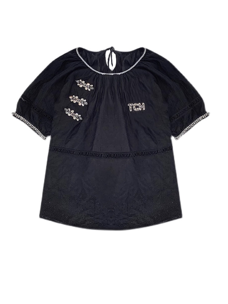 TCH Rhinestone Retro Mesh Black Blouse
