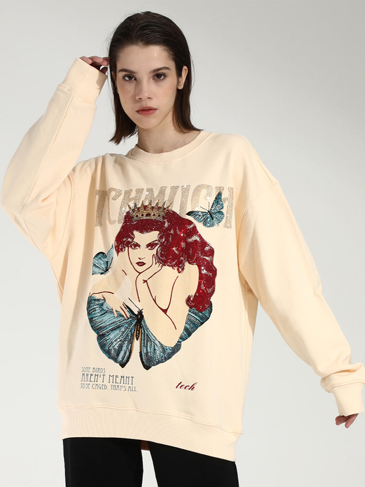 TCH Women's Rhinestone Crown Butterfly Oversized Sweatshirt