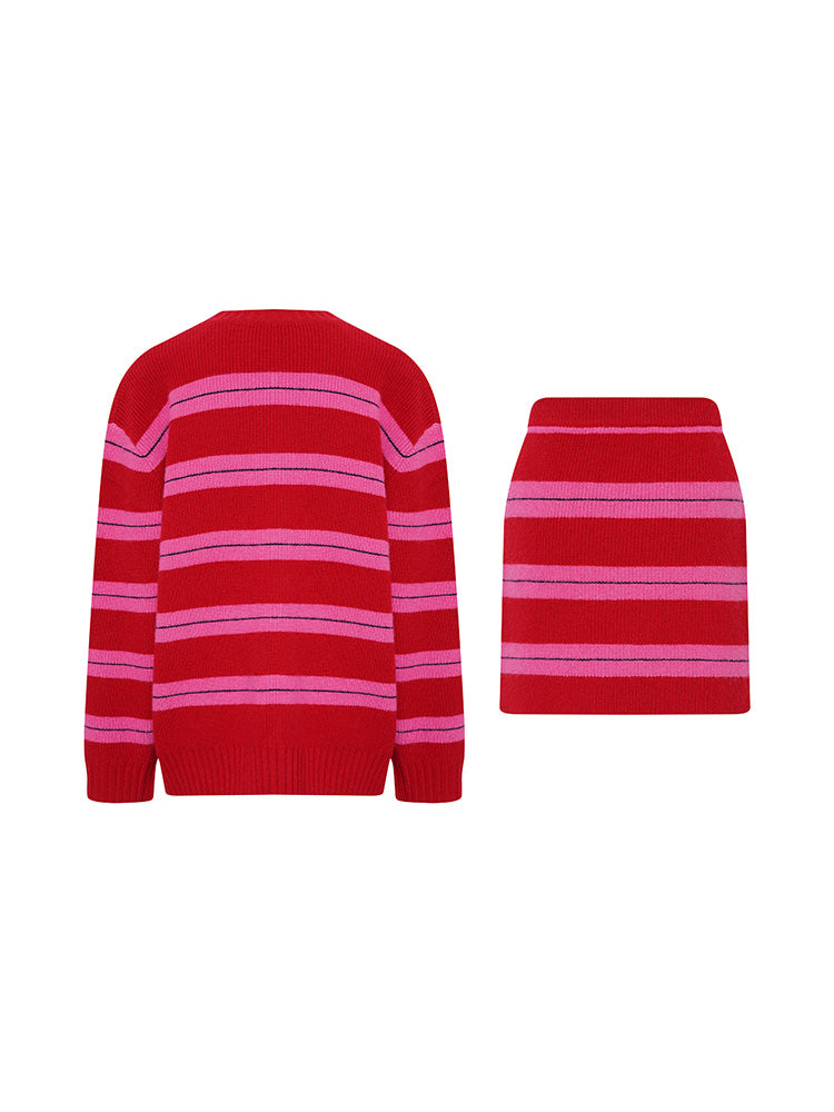 TCH 2 Piece Striped Rhinestone Graphic Knit Skirt Set