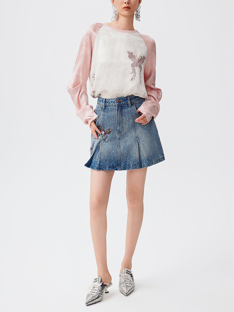 TCH Ruched Rhinestone Butterfly Denim Mini Skirt