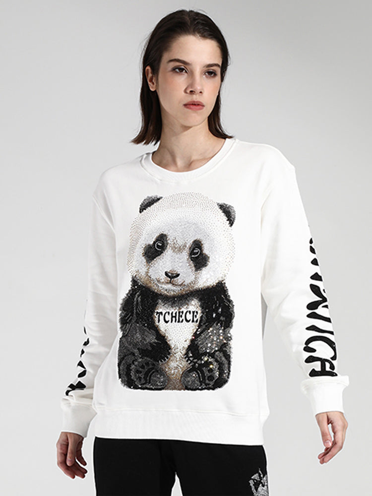 TCH Women's Rhinestone Panda White Sweatshirt