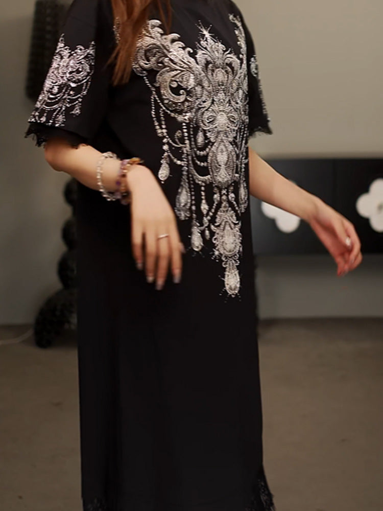 TCH Rhinestone Graphic Lace Contrast Midi Dress