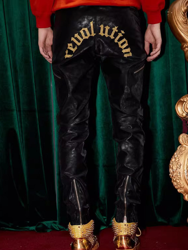 TCH Letter Print Rhinestone Joggers Leather Pants