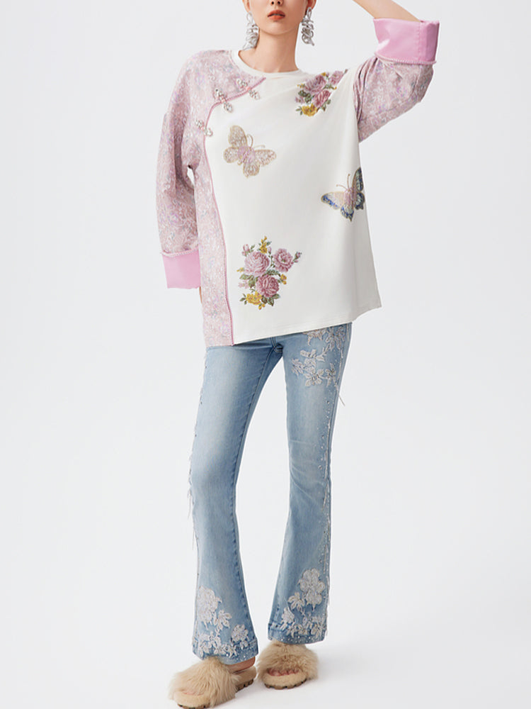 TCH Rhinestone Floral Embroidery Patchwork Satin Blouse