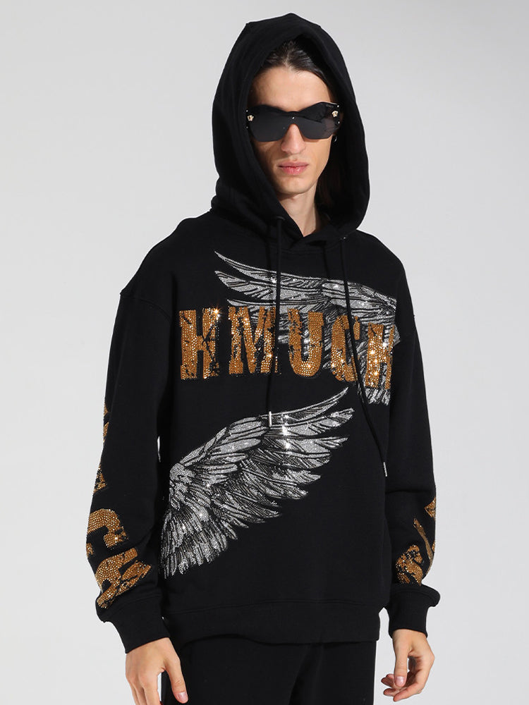 TCH Men's Angel Wings Rhinestone Letter Hoodie