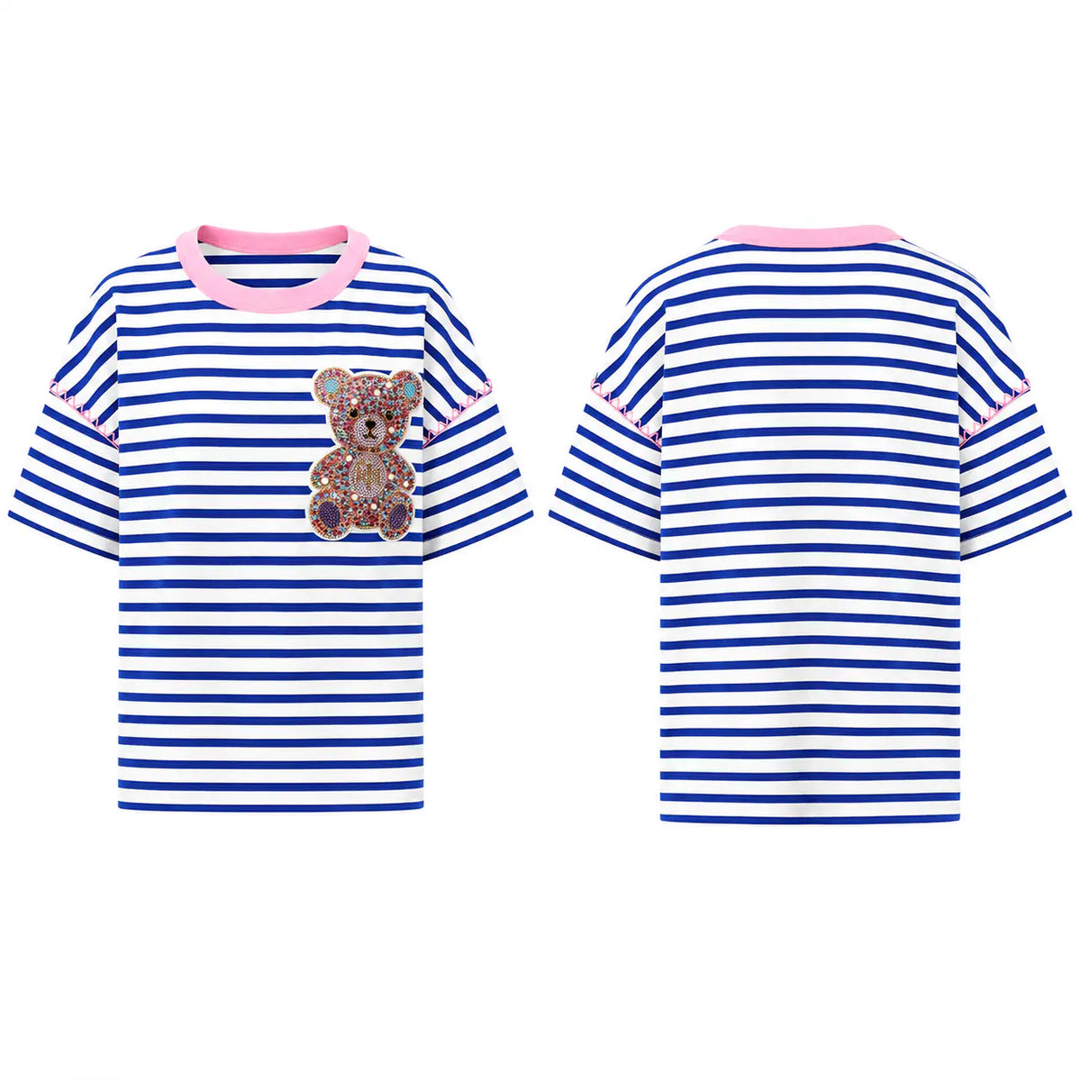 TCH Rhinestone Teddy Bear Striped Short Sleeve T-Shirt