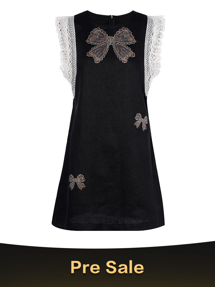 TCH Rhinestone Bow Lace Contrast Cap Sleeve Dress