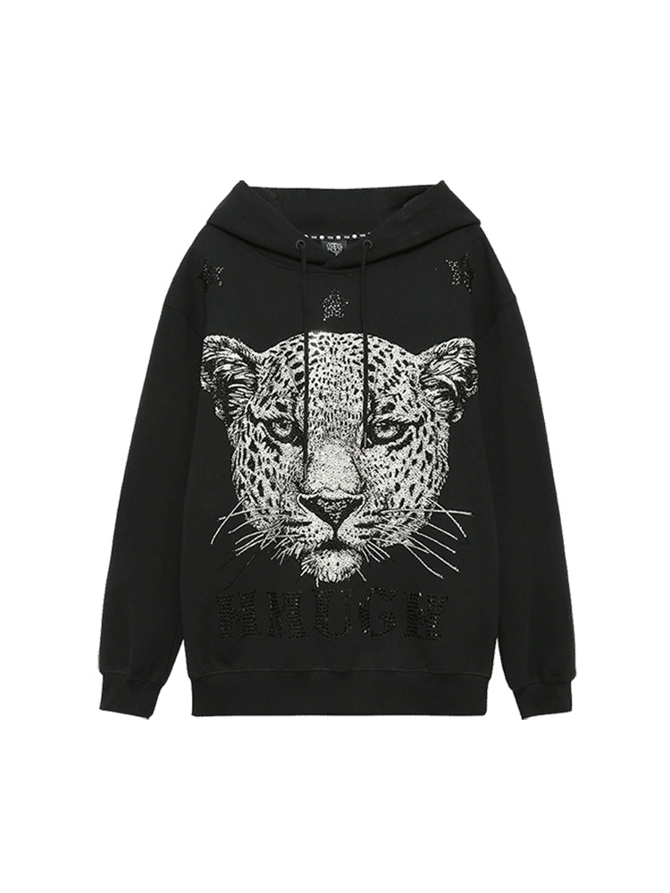 TCH Leopard Print Rhinestone Black Hoodie