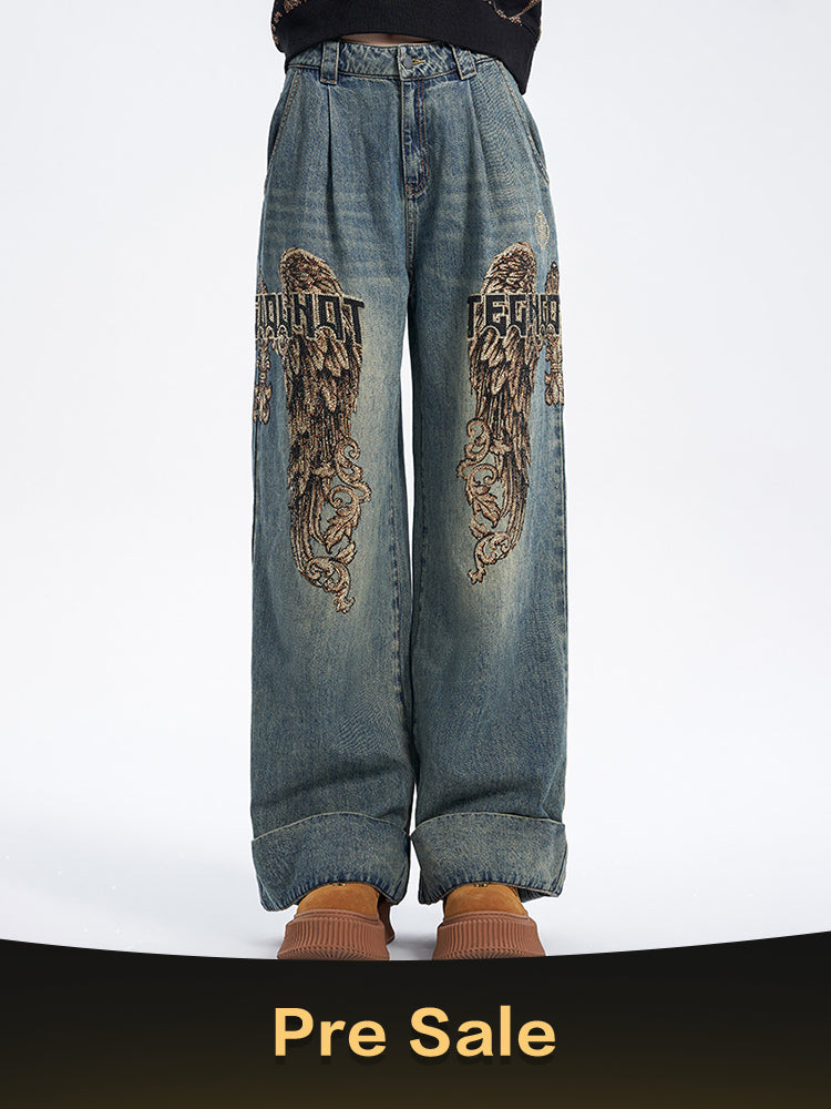 TCH Presale Wings Graphic Rhinestone Wide Leg Jeans