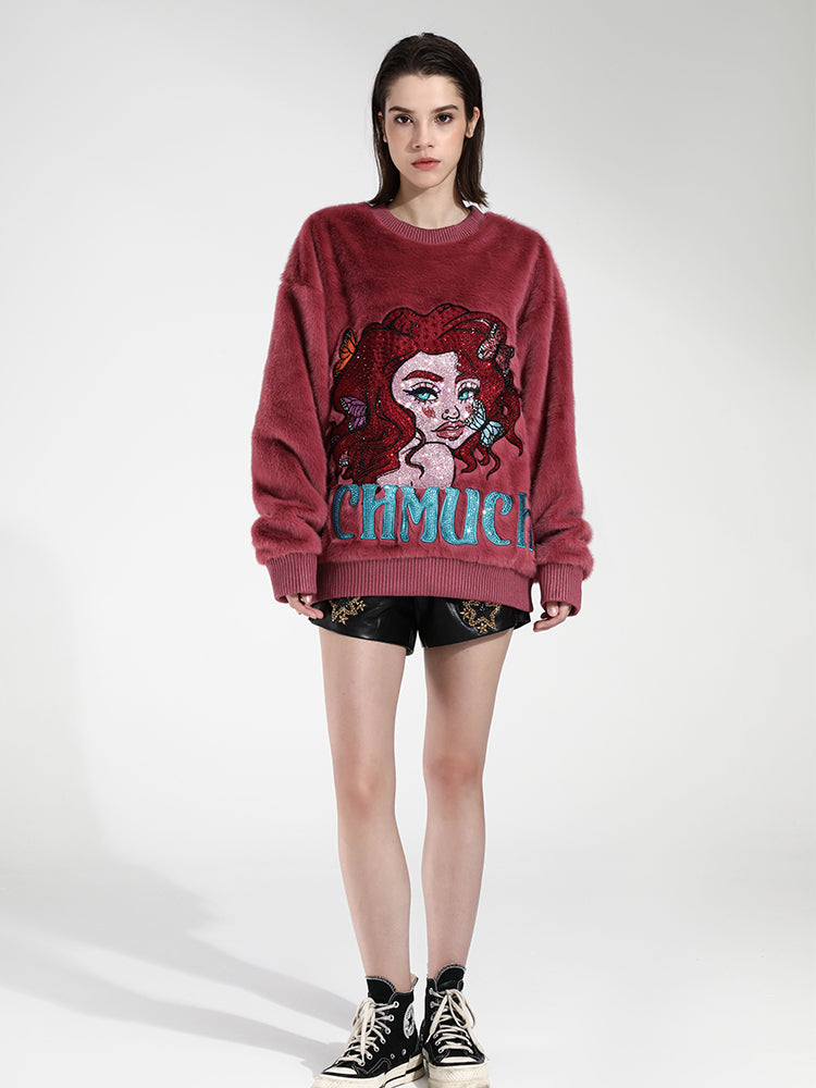 TCH Rhinestone Graphic Oversized Sherpa Pullover Sweatshirt