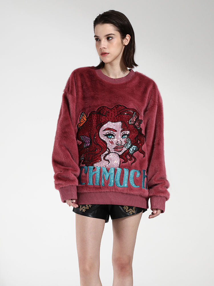 TCH Rhinestone Graphic Oversized Sherpa Pullover Sweatshirt