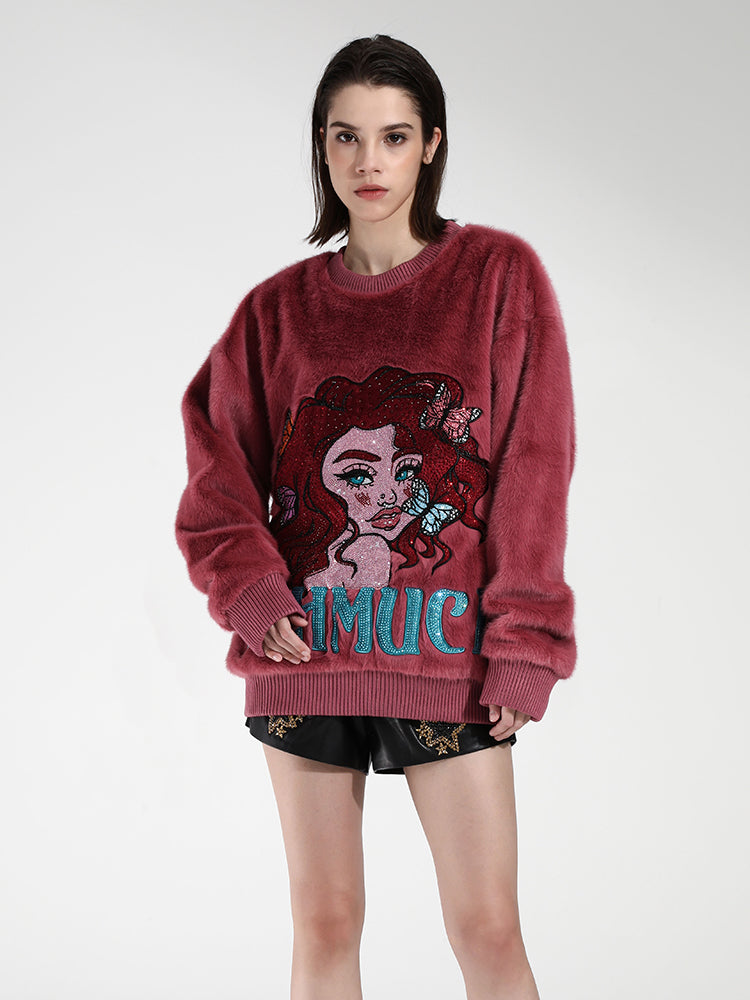 TCH Rhinestone Graphic Oversized Sherpa Pullover Sweatshirt