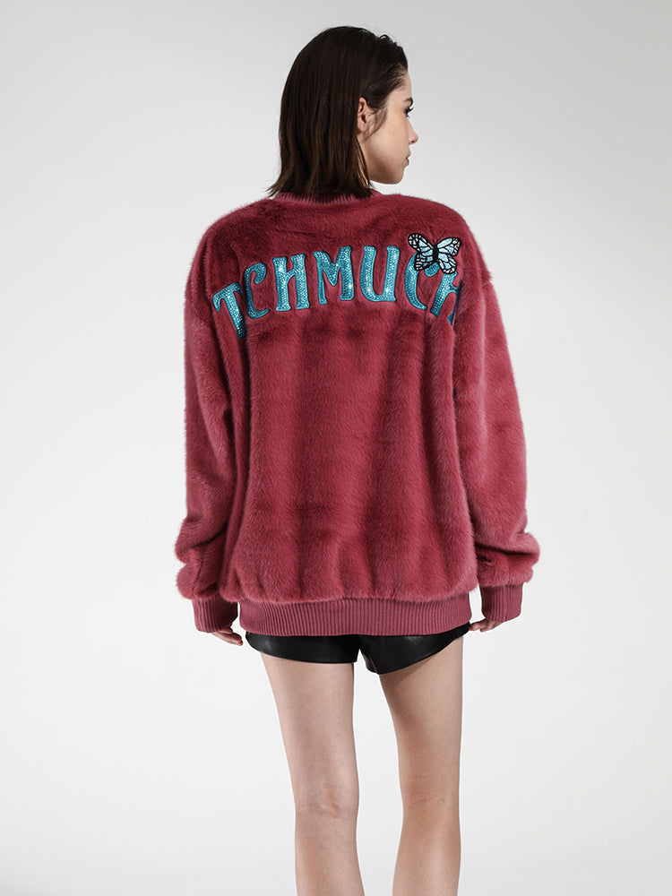 TCH Rhinestone Graphic Oversized Sherpa Pullover Sweatshirt